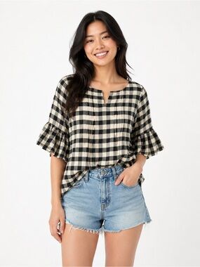 IJOAH Black & White Gingham Ruffle Sleeve Top – Size Large